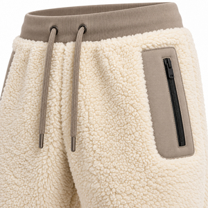 Sherpa Fleece <b>Joggers</b> <b>Mens</b> Teddy Plush Winter Lounge Pants Contrast Zip Pockets Ribbed Trims Elastic Waist Custom Logo Supplier - Product Image 5