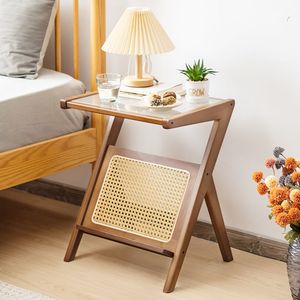 Mesa Auxiliar Estilo Boho con Tapa de Vidrio Templado y Revistero Integrado - Product Image 2