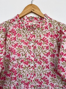 Women Pink Floral Cotton Maxi Dress Balloon Sleeve Ruffle Collar Button Front Flared Tiered <b>Summer</b> Dress Private Label Clothing - Product Image 2