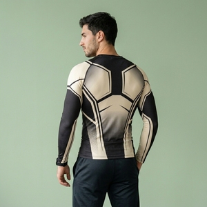 Custom Men Long Sleeve Compression Shirt O-Neck Quick Dry Fitted Sporty Jersey Knitted Polyester Front <b>Logo</b> - Product Image 5