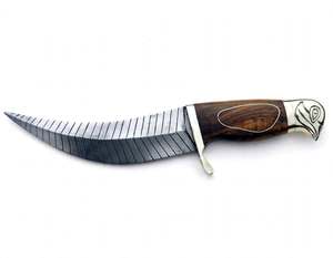 Couteau utilitaire d'extérieur artisanal à lame courbée en forme de plume, manche en bois, pommeau en laiton motif aigle, outil fixe - Product Image 1