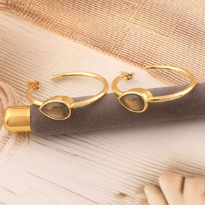 Pendientes de aro clásicos de latón chapado en oro con labradorita arcoíris natural en forma de pera, elegantes para mujer, ideales para regalo. - Product Image 2
