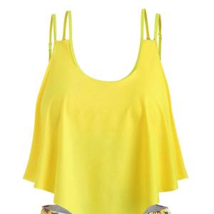 Ensemble de maillot de bain tankini pour femme, haut court à col halter jaune à carreaux, éco-responsable, extensible, séchage rapide, spandex/polyester, coupe classique - Product Image 1