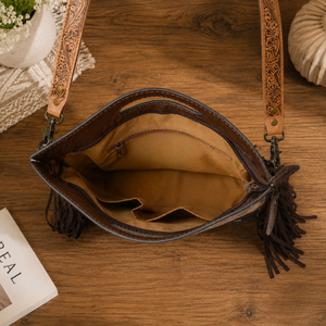 Bolso de Hombro de Cuero Estilo Western con Flecos y Grabado Floral, Bolso Bandolera de Cuero Genuino para Mujer - Product Image 2