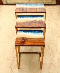 Wood Steel <b>Nesting</b> <b>Table</b> Set of 3 Handcrafted Resin River Top Stainless Steel Stand Modern Side Coffee <b>Tables</b> Home Decor - Product Image 3