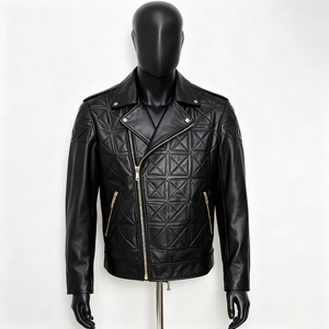 Veste moto en cuir PU noir pour homme, col rabattu, fermeture éclair, motif géométrique en relief, coupe ajustée, longueur normale - Product Image 1