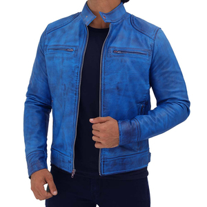 Chaqueta de Motociclista de Cuero Vacuno Azul para Hombre, Cuello Alto, Cierre de Cremallera, Manga Regular, Estilo Biker Otoñal, Color Sólido, Cuero Lavado - Product Image 5