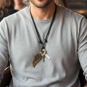 18K Gold Plated Titanium Steel Pendant with Adjustable Leather <b>Rope</b> for Men & Boys - Product Image 1