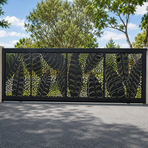 Black Metal Laser Cut <b>Leaf</b> Sliding Gate Modern Outdoor Decorative Security Driveway Entrance Fence Panel for Home Villa Patio - Product Image 1