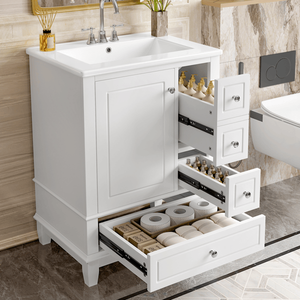 Mobile Bagno Bianco Autoportante con Top in Ceramica, Ripiani Contenitori, Lavabo da 24 Pollici, Cassetti, in MDF e Legno Massello Impermeabile - Product Image 1