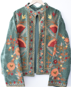 Veste d'extérieur vintage en velours tissé brodée à la main, motif floral folklorique, col mandarin, doublure en coton matelassé, écologique, automne-hiver - Product Image 2