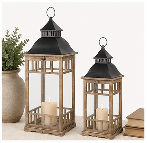 Handcrafted Rustic Farmhouse Wooden <b>Lantern</b> <b>Set</b> with Galvanized Metal Top Vintage Decorative Candle Holder for Indoor Outdoor - Product Image 3