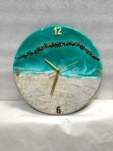 Round Resin Quartz <b>Wall</b> <b>Clock</b> Blue White Marble Look Gold Pointer Needle Display Battery Powered Modern Living Room Decor - Product Image 3