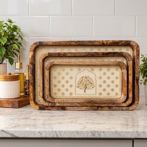 Plateau de service rectangulaire en bois avec poignées, motif nature morte moderne, ensemble multi-pièces, artisanat en bois pour la décoration de table et de mariage - Product Image 4