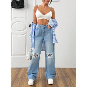 Jeans de mezclilla de corte recto y holgado, con efecto desgastado, azul hielo, 100% algodón, ecológicos, transpirables, ligeros, bonitos, vintage, de tiro alto - Product Image 2