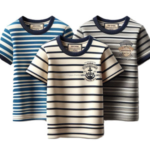 เสื้อยืดลายทางถักเบาสำหรับเด็กคอกลมแขนสั้นคอวีพิมพ์ลายทางเสื้อยืดผ้าฝ้ายสำหรับฤดูร้อน - Product Image 6