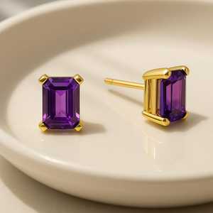 Pendientes de Plata de Ley 925 con Rodio y Baño de Oro de 14K, Amatista Tallada en Esmeralda, Joyería Hecha a Mano, Regalo para Mujer, Fiesta - Product Image 3