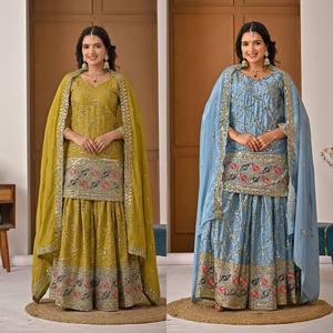 Ensemble haut de gamme Sharara Plazzo Dupatta en soie Chinon lourde avec broderie de sequins de 5 mm - Product Image 1
