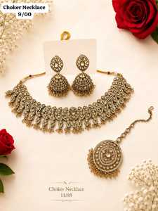 Parure de bijoux ethniques plaqués or avec zircon et jadau, collier et boucles d'oreilles en laiton, bijoux de mariée avec choker et dupatta pour femme, idéale pour les mariages et les fêtes - Product Image 2
