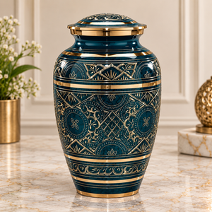 Urna de Metal Regal con Diseño de Banda Ornamental, Acabado Negro y Dorado, Florero Decorativo Conmemorativo con Tapa Segura - Product Image 6