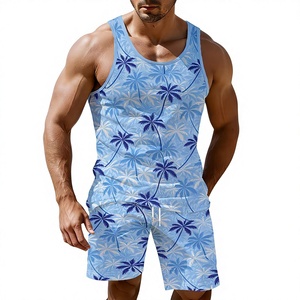Two Men's Summer Casual Sports Outfits Featuring Sleeveless Crew Neck Vests Drawstring Shorts Pockets 100% Cotton Quick Dry - Product Image 1