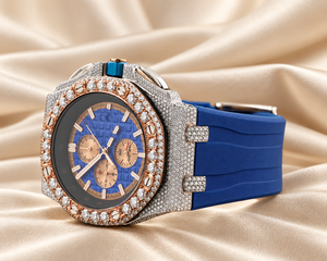 Reloj Cronógrafo de Lujo Raj Gems con Bisel de Diamantes Azules, Caja de Acero Inoxidable, Resistente al Agua 10 Bar, Correa de Silicona, Reloj de Cuarzo para Hombre - Product Image 5