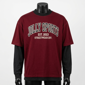 เสื้อยืดคอตตอนพรีเมียม 220 GSM สีแดงเลือดหมู แขนยาวพิมพ์ลายโลโก้ เสื้อยืดแขนสองชั้นสำหรับผู้ชาย - Product Image 3