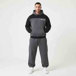 Survêtement à capuche pour homme, gris et noir, avec blocs de couleur, décontracté, pantalon long à cordon de serrage avec poches, coupe ample, pour l'automne - Product Image 3