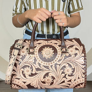 Luxury Premium 3 Piece Matching Duffel <b>Set</b> New Western Full Hand Tooled Genuine Leather Crossbody <b>Travel</b> <b>Luggage</b> <b>Sets</b> Women's - Product Image 2