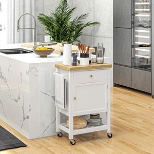 Carrello da Cucina Moderno Bianco con Isola Girevole, Piano Regolabile in Legno di Gomma, Cassetto, Portabottiglie, Mobile in Metallo e Legno con Ruote, Materiale MDF - Product Image 2