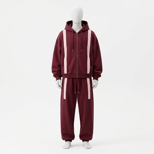 Unisex Maroon Hooded Tracksuit <b>Set</b> 100% Cotton Full Zipper Loose Fit Solid Color Casual Wear Autumn Style - Product Image 1
