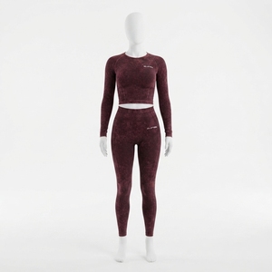 Women Burgundy Acid Wash <b>Long</b> <b>Sleeve</b> Crop <b>Top</b> Leggings Set High Waist Gym Yoga <b>Workout</b> Activewear - Product Image 1