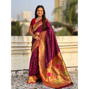 Sari de Seda Elite Weaves Wine Fusion con Zari Tejido Bandhani Paithani, Protección Solar, Secado Rápido, Tradicional, 650g, Estilo Indio-Pakistaní - Product Image 6