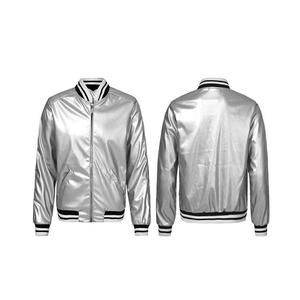 Custom Metallic <b>Silver</b> Satin <b>Jacket</b> Shiny Lightweight <b>Jacket</b> with Zipper Closure Striped Ribbed Collar Cuffs Outerwear OEM - Product Image 6