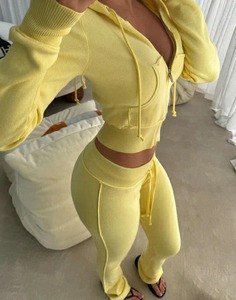 Custom Manufacturer Contrast Color Sweatsuit Distressed <b>Zip</b> <b>up</b> <b>Cropped</b> Hoodie and Flare Sweatpants Outfits Set Women Tracksuit - Product Image 3