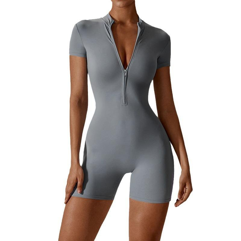 Customization Jumpsuit Bodysuit With Zipper High Elastic Seamless Yoga Short Sleeve Jumpsuit for Women