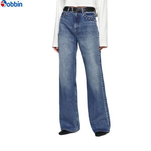 Fabricante de Jeans Casuales de Cintura Alta para Mujer, Estilo Vintage, Corte Recto, Holgados, OEM, con Lavado Ácido y Adornos de Cristales - Product Image 2