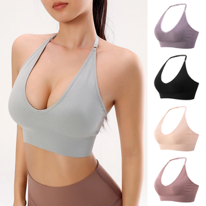 Soutien-gorge de sport à col en V pour femme, sans coutures, dos ouvert, soutien moyen, haut court de yoga, rembourré, pour la gym - Product Image 1