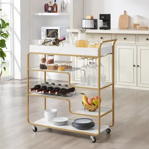 Chariot de service moderne en métal doré avec plateau en marbre blanc et porte-bouteilles 35,4x13,7x40,5 pouces pour les fêtes à domicile - Product Image 1