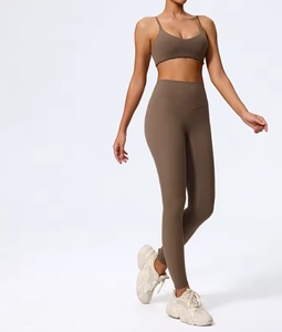 Women Solid Color Seamless Yoga Sports <b>Bra</b> Set Medium Support <b>Spaghetti</b> <b>Strap</b> Scoop Neck High Waist Shorts For Workout - Product Image 1