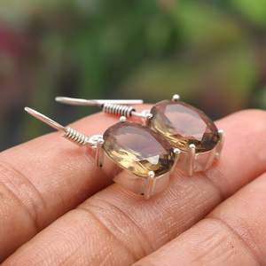 Smoky Quartz Earring 925 Sterling Silver <b>Brown</b> Colour Oval Shape Gemstone Solitaire Jewelry - Product Image 3