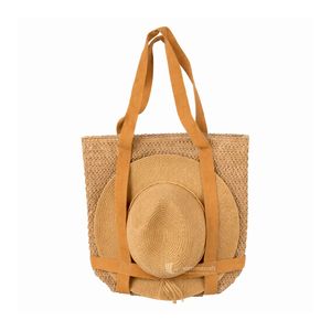 Conjunto de Bolso de Playa y Sombrero de Sol de Paja Tejida a Rayas, Bolso de Hombro de Verano con Borde de Flecos de Rafia para Vacaciones y Viajes, Venta al por Mayor - Product Image 3