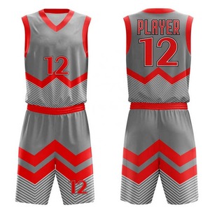 Camiseta de Baloncesto Sublimada Personalizada, Cuello en V, Sin Mangas, Unisex, para Adultos, Gris y Rojo, Estampado Geométrico, Absorbe la Humedad, Ajuste Atlético - Product Image 1