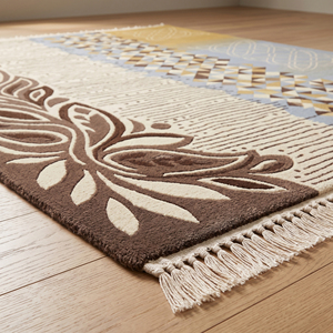 Tapis en laine géométrique botanique marron, moutarde et bleu, à motifs de panneaux mixtes, motifs de feuilles et design de lignes entrelacées, antidérapant - Product Image 6