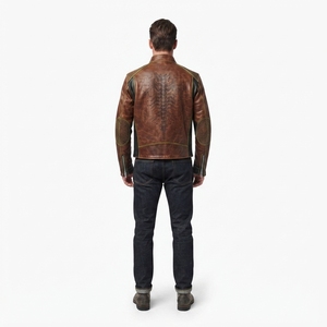 Blouson Moto Homme en Cuir de Cheval Style Café Racer Vieilli Cognac Sashiko Streetwear Étiquette Personnalisée OEM - Product Image 2