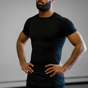 Men's <b>Black</b> Short Sleeve Rash Guard Quick Dry Polyester <b>Compression</b> <b>Shirt</b> Adult Fitness Top - Product Image 5