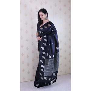 Sari de Seda Negra Suave con Doble Zari y Borde de Aves de Elite Weaves, Blusas y Camisas para Mujer, 650g - Product Image 2