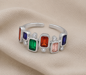 Geometric Multicolor Gemstone <b>Ring</b> 925 <b>Silver</b> Plated <b>Cubic</b> <b>Zirconia</b> Emerald Cut Modern Style Unisex Daily Wear - Product Image 1