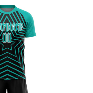 Conjunto de Camiseta de Fútbol Sublimada Personalizada, Diseño Geométrico de Estrellas en Negro y Verde Azulado, Absorbe la Humedad, Manga Corta, Unisex, para Adultos - Product Image 2