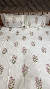 Hand Block Printed Cotton Bedsheet Floral Print White Bedding Indian Handmade Bedspread - Product Image 2